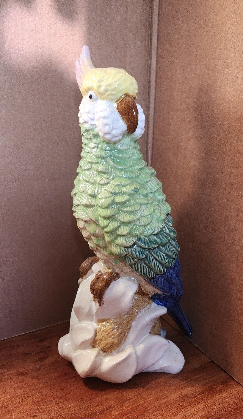 Vintage Crown Staffordshire Green/Ivory Parrot Cockatoo Bird Statue 18" tall
**No chips, cracks, flakes**