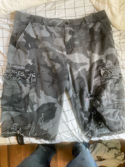 Gray Camo Distressed Cargo Shorts