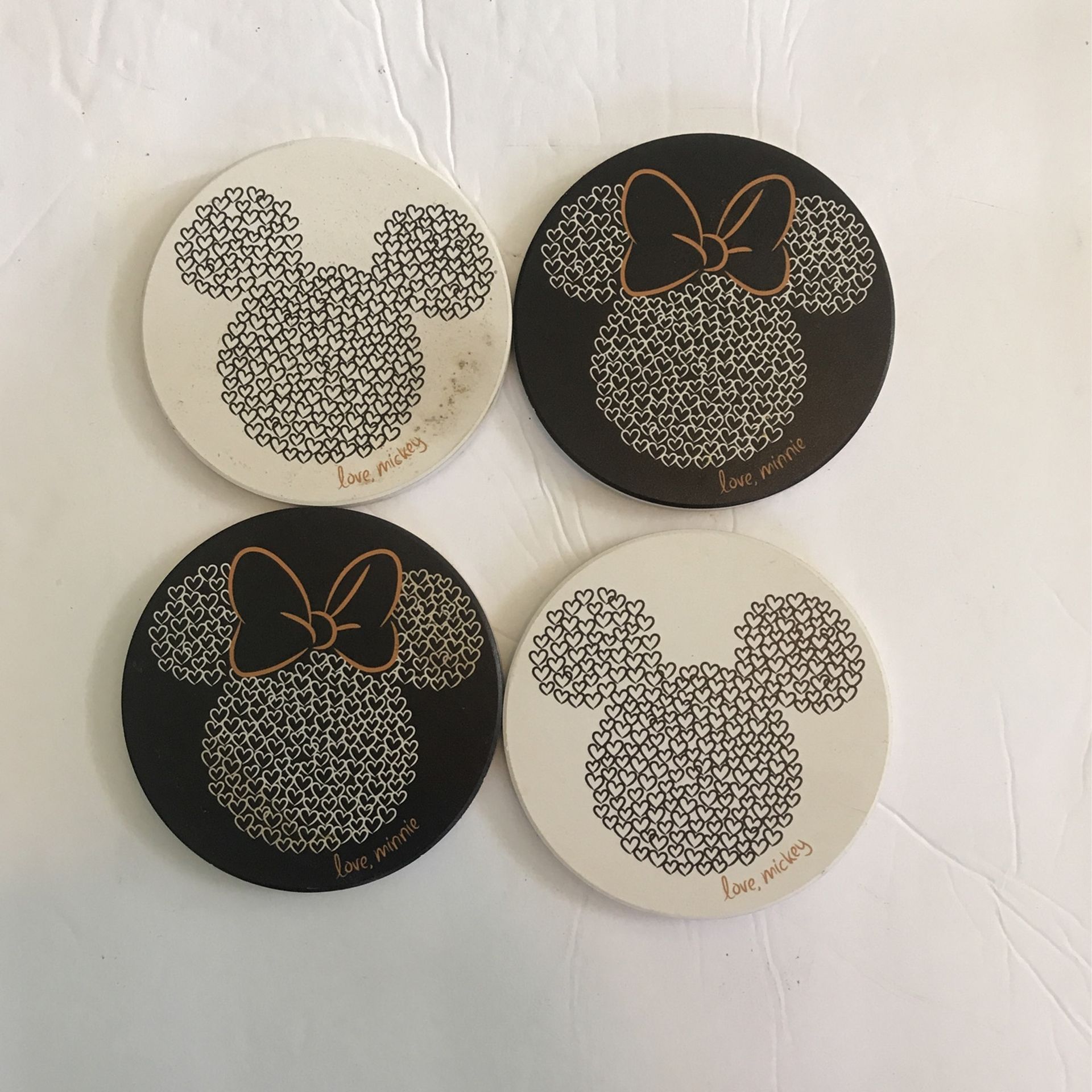 4 Disney Mickey Mouse & Minnie Mouse Drink Coasters Set Hearts Love Matching