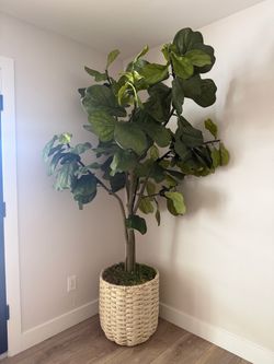 Large Artificial Fiddle Leaf Fig + Woven Basket