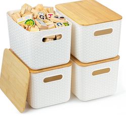 4 Packs Storage Bins with Bamboo Lids - Plastic Storage Containers with Lids Stackable Storage Box：Storages Baskets for Organizing Desktop Closet Play