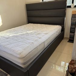 Luxurious Modern Dark Gray Upholstered Metal Tufted Bed Frame w Padded Headboard