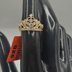 Gold Vermeil Over Solid 925 Sterling Silver Princess Queen Tiara Crown Moissanite Ring Size 6