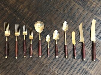 MCM Mid Century Vintage Rosewood Bronze Flatware & Serving Set
