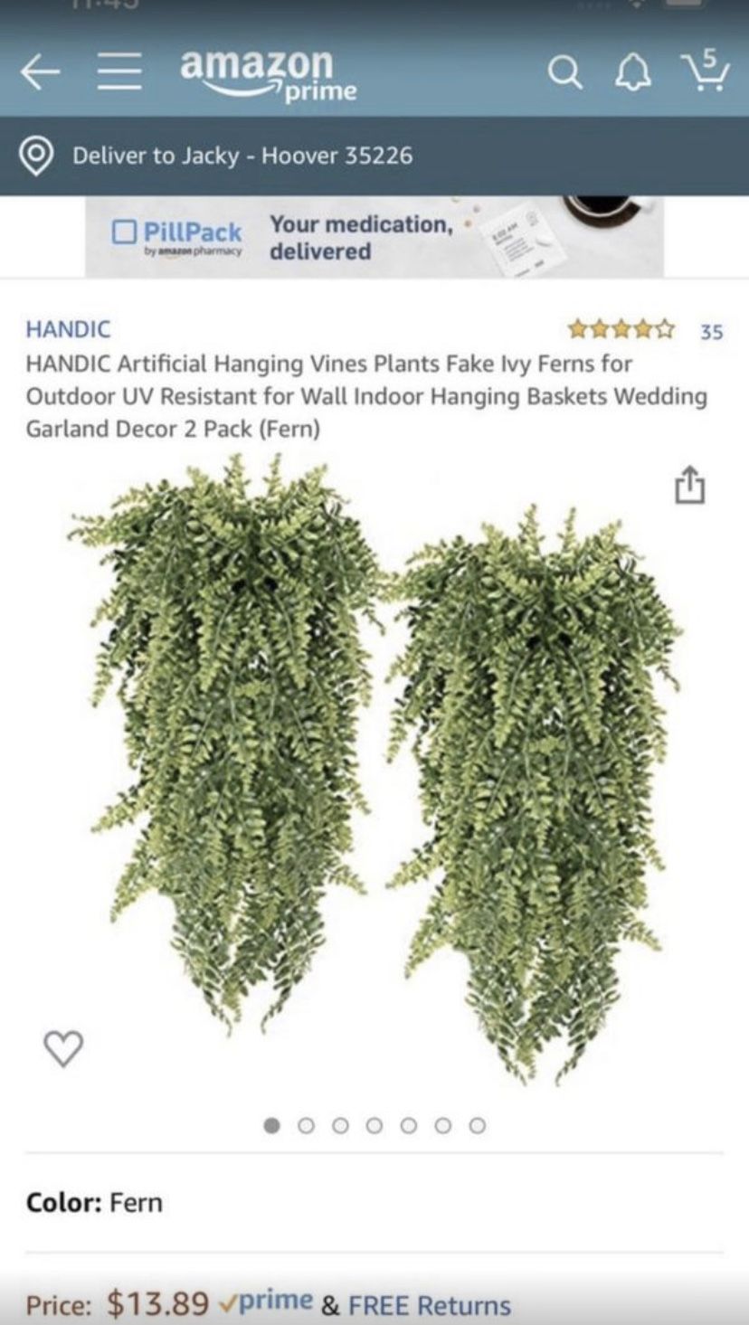 HANDIC Artificial Hanging Vines Plants Fake Ivy Ferns for Outdoor UV Resistant for Wall Indoor Hanging Baskets Wedding Garland Decor 2 Pack (Fern)