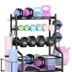 Black Steel Gym Rack with Wheels, Hooks and 4-Tier Storage Shelf - 40.6” L x 16” W x 38” H