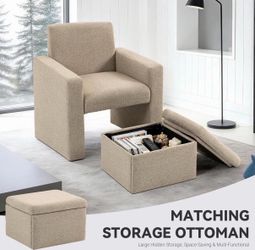 Accent Chair with Storage Ottoman, Modern Vanity Chair Upholstered Linen, Hideaway Footstool with Large Hidden Compartment, Brown
