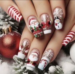 Handmade Christmas Press-On Nails – 48 Nail Set – Santa & Holiday Designs