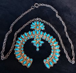 Vintage Squash Blossom Necklace Sterling silver|Navajo Indian turquoise|Zuni Hopi Naja Moon Pendant
