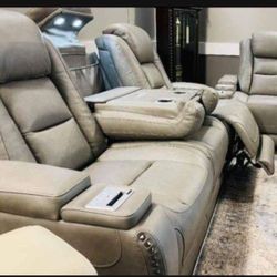 Brand New ✨ The Man Den Real Leather Light Gray Power Reclining Sofa Couch✨ $39 Down Payment 📣 Delivery Available ✅