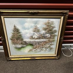 Vintage framed landscape painting cottage bridge Gold ornate frame wall art