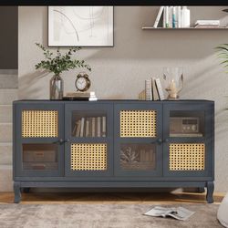 Modern Sideboard with Storage, Artificial Rattan Doors and Transparent Glass, Accent Cabinet for Entryway Dining Room Kitchen Living Room, Brown