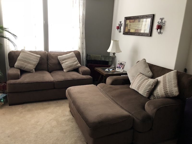 Brown Fielding Loveseat and Oversized Chair w Ottoman. for Sale