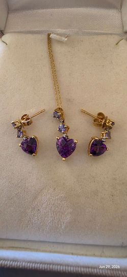14K Yellow Gold Amethyst Heart Jewelry Set - Necklace & Earrings (3.61g)