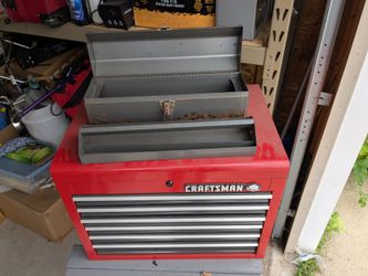 Large red Craftsman ball bearing tool chest with stand and small portable Craftsman tool box