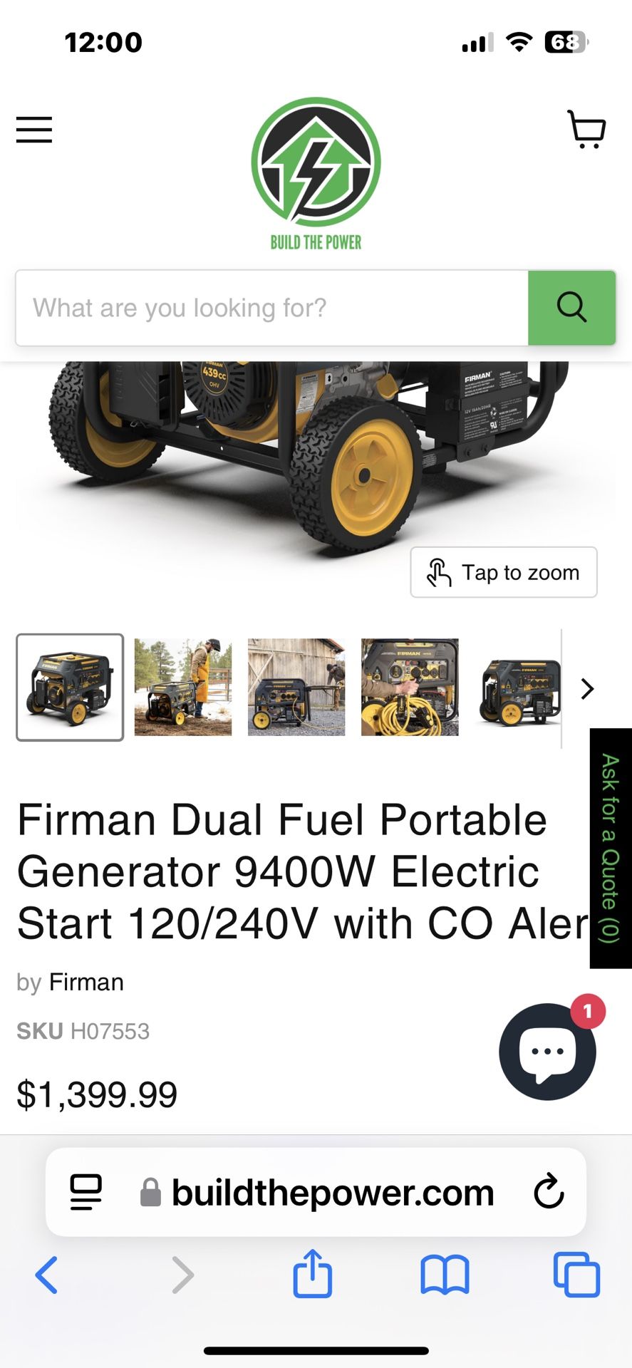 FIRMAN T08071 tri fuel 9.400Watt Portable generator ability to run off of gasoline, propane, or natural gas with an electric starter