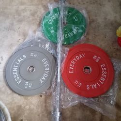Olympic bar, Curl bar, weight station rack, bumper weight plates, step platform