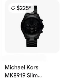 Michael Kors Slim Runway black stainless steel chronograph watch featuring a matching dark dial and linked bracelet