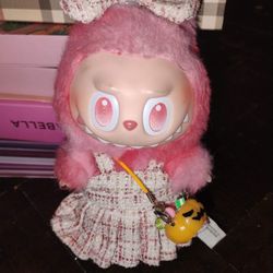 Custom Pink Labubu Plush With Dress And Pumpkin Bag 