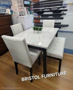 ☠️ Dining Set 5 Pc, Faux Marble Top, White, Black Frame, New in the Box.