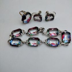 Vintage Iris Glass Jewelry Set Of Bracelet, Earrings and Ring