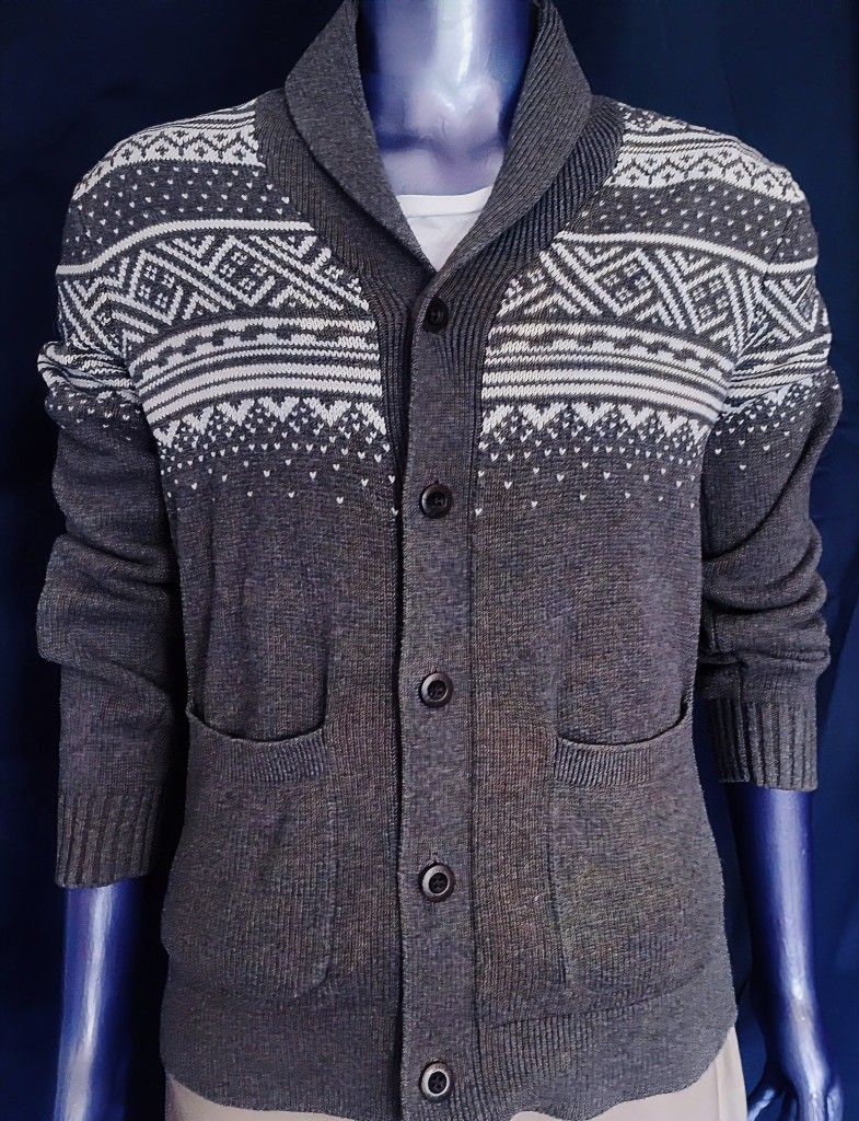 Levi's Cardigan Sweater Men's M Gray White Fair Isle Knit Shawl Collar 60/40