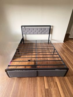Queen Bed Frame with Upholstered Headboard, Metal, 2 Drawers, Gray/Black Matte