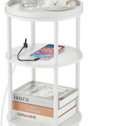 Small Round End Table with Charging Station, 3-Tier Accent Couch Beside Table with USB Ports & Power Outlets, Sofa Side Table for Living Room Small Ni