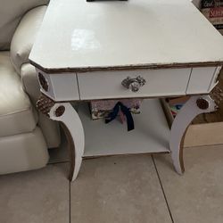 2 Wooden White With Gold Finish And Storage Drawer 