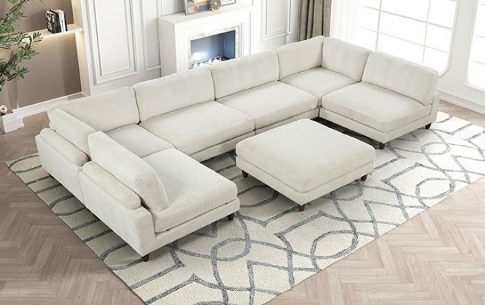 Brand New Beige Corduroy Velvet Modular Sectional Sofa With Ottoman 