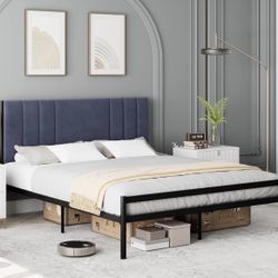 🛏️ Queen Bed Frame with Upholstered Headboard (Gray Velvet + Black Steel)