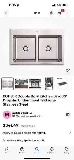 KOHLER Double Bowl Kitchen Sink 33" Drop-In/Undermount 18 Gauge Stainless Steel