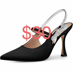 Women Kitten Heel Pumps: 3.8 Inch Rhinestone Bow Bride Wedding High Heels,Ceremony Prom Ankle Strappy Dress Shoes, Sexy Night Party Dance Sparkly Pump