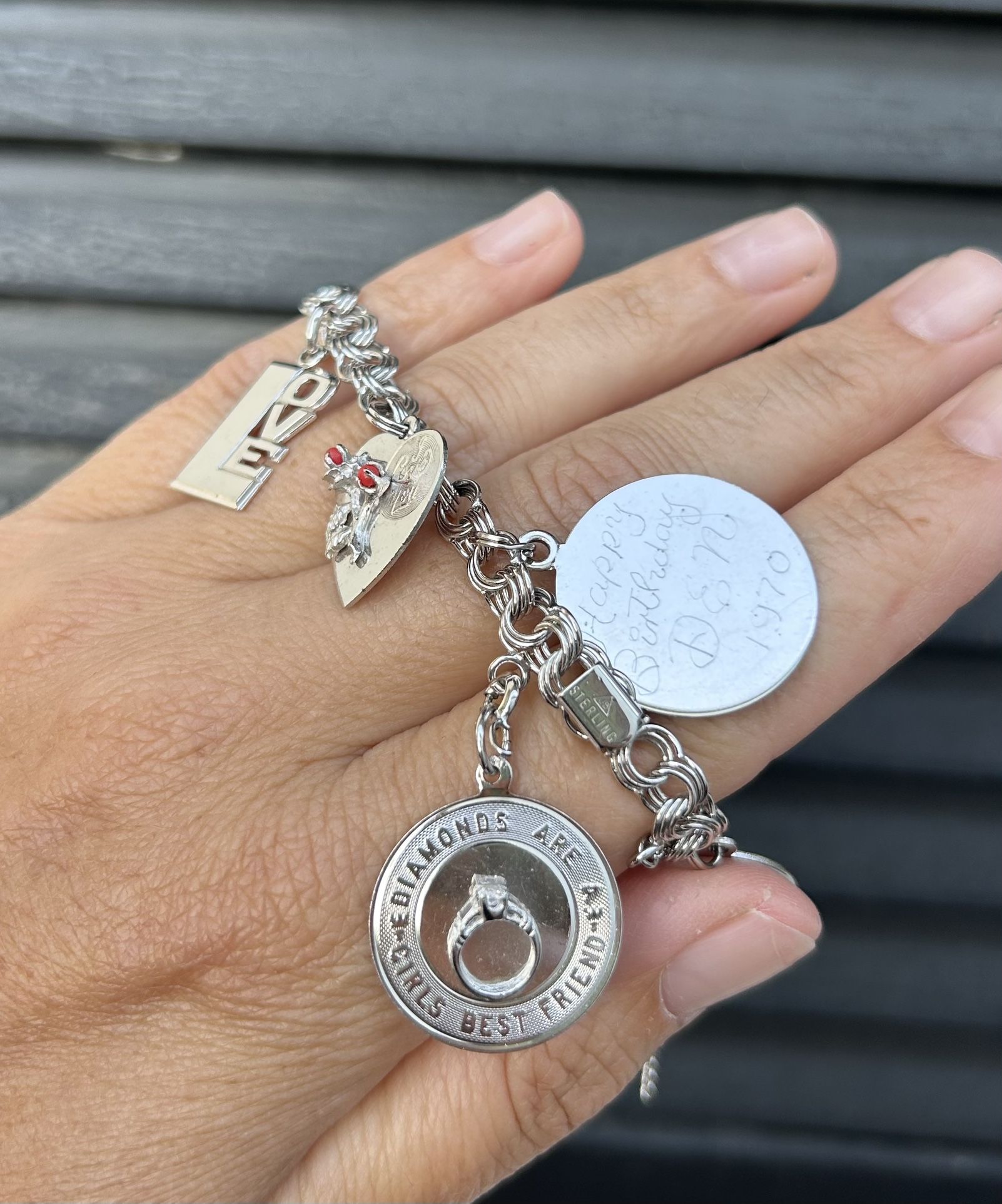 Vintage 1970's Triple Link Sterling Silver Charm Bracelet Loaded With Charms 925 Jewelry LOVE Retro Mid Century Marked Silver
