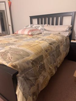 Dark Wood Queen Bed Frame with Mattress ready for Pickup
