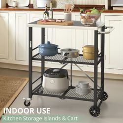 Foldable Outdoor Grill Cart with 2 Total Lock Casters, Stainless Steel Pizza Oven Stand, Rolling BBQ Table and 3 Shelf Folding Kitchen Island, Black