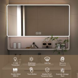 Aluminium Medicine Cabinet Mirror, 35 x 28 Inches Medicine Cabinet with 3 Colors LED Light and Defogging Function, Bathroom Mirror Cabinet with Cosmet