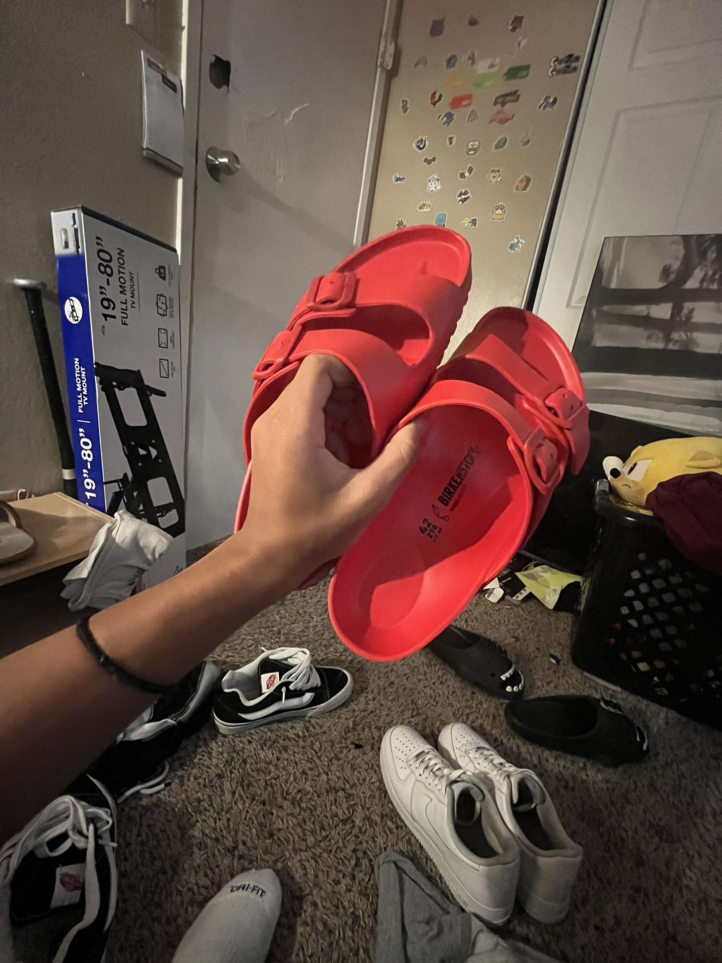 red birkenstock slides 