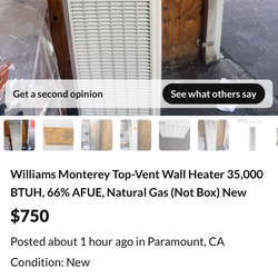 Williams  Monterey Top-Vent Wall Heater 35,000 BTUH, 66% AFUE, Natural Gas (Not Box) New