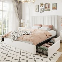 Queen Size Velvet Upholstered Platform Bed with 4 Oversized Underbed Drawers, Wooden Slats Support, No Box Spring Needed, White