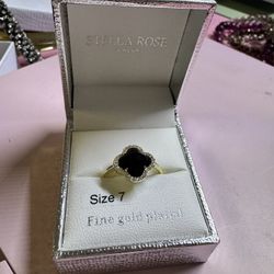Stella Rose Fine Gold Plated Clover Black Stone Cocktail Ring Size 7