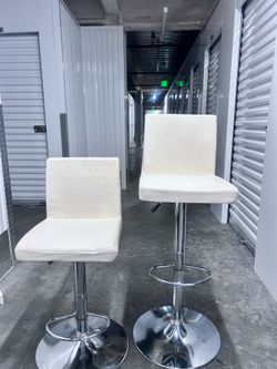 Set of 2 Adjustable Height Bar Stools, Cream, Chrome Base