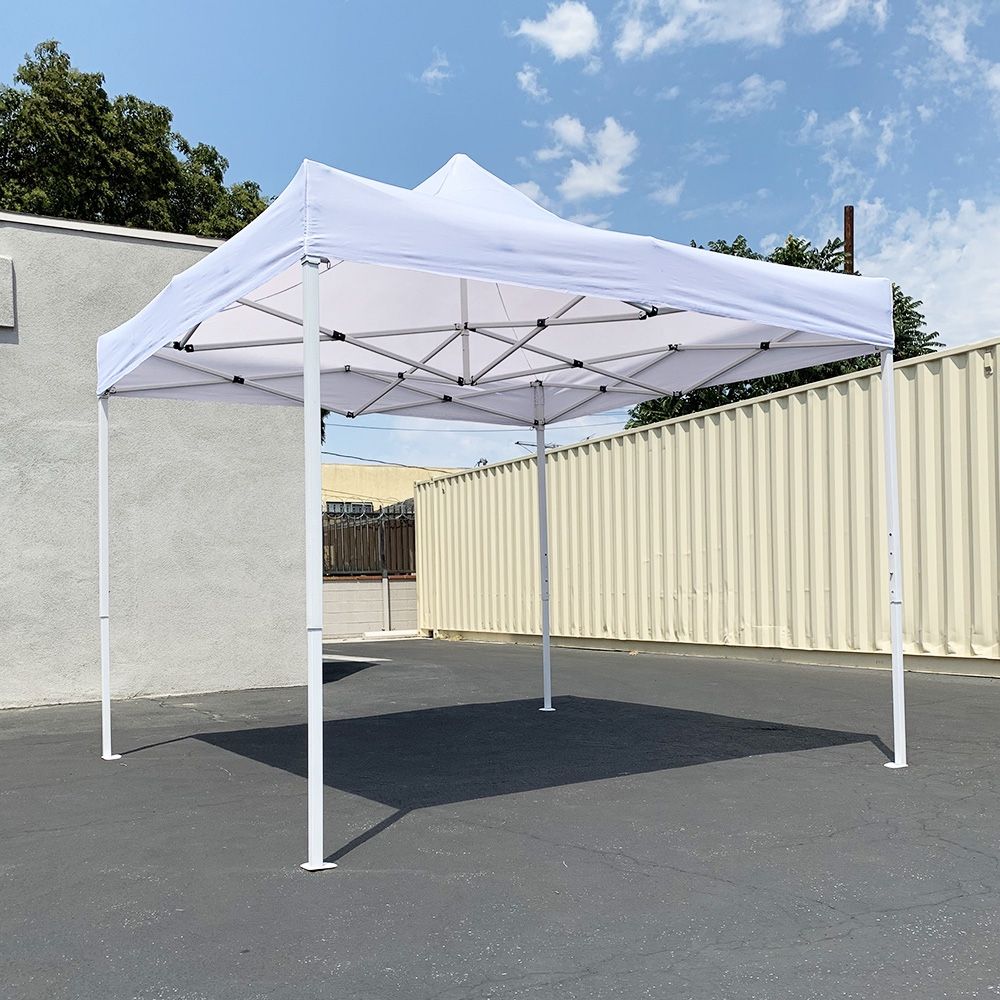 New In Box $90 Heavy-Duty 10x10 ft Popup Canopy Tent Instant Shade w/ Carry Bag Rope Stake, White/Blue 