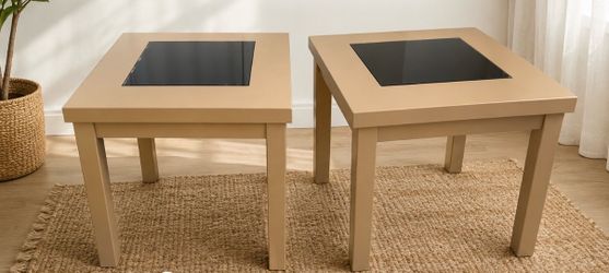 Set of 2 Modern End Tables with Black Glass Top