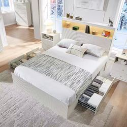 Modern Queen Size Bed Frame with Headboard Lights and Charging Station and 4 Drawers