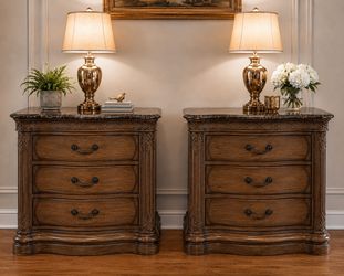 Pair Of XXL Night Stands/Gentleman’s Chests - Solid Wood + Marble Tops