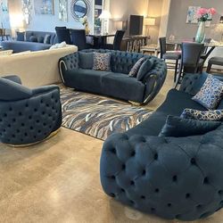 Black Velvet Living Room Set Sofa, Loveseat, Chair