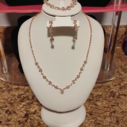 3 PC rose gold tone rhinestone necklace set