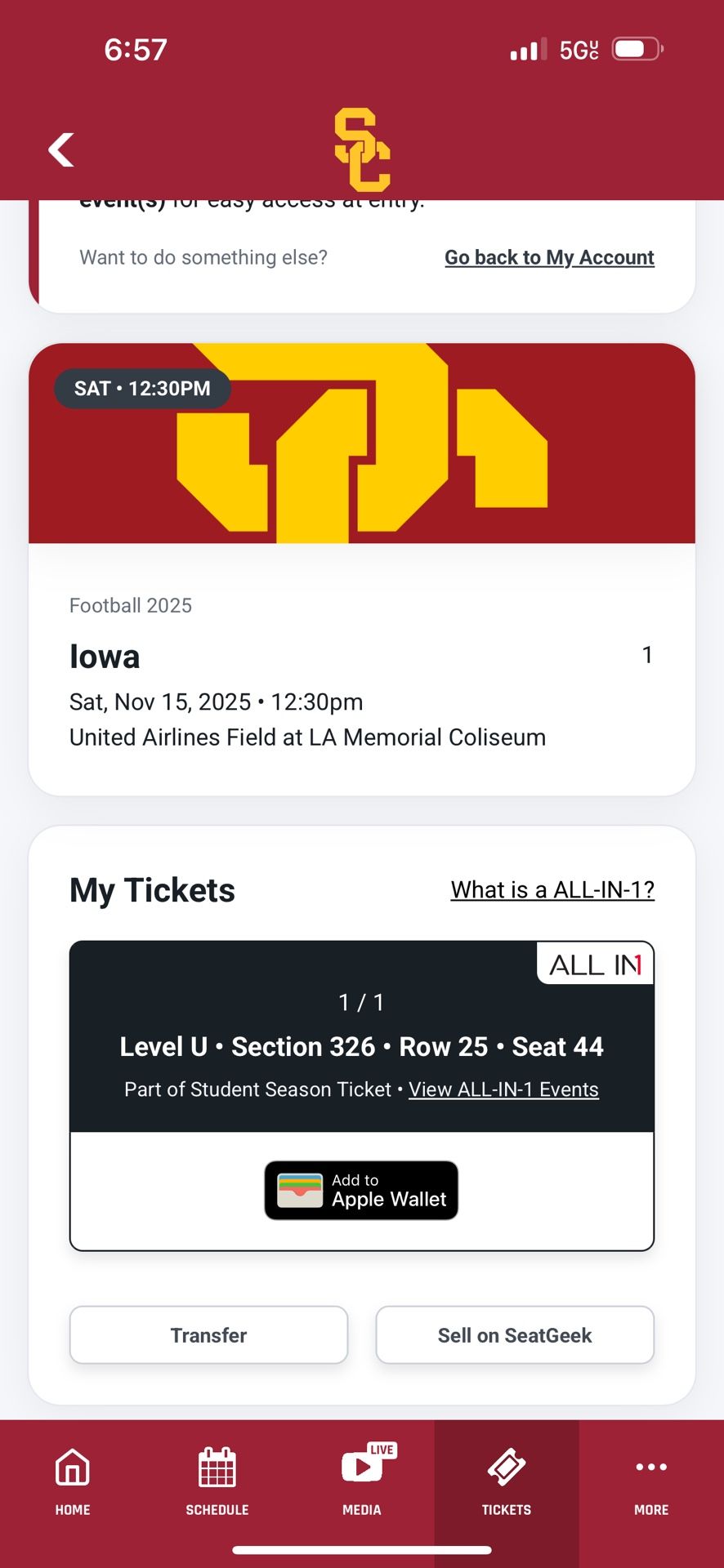 USC VS IOWA 1 STUDENT SECTION SEAT