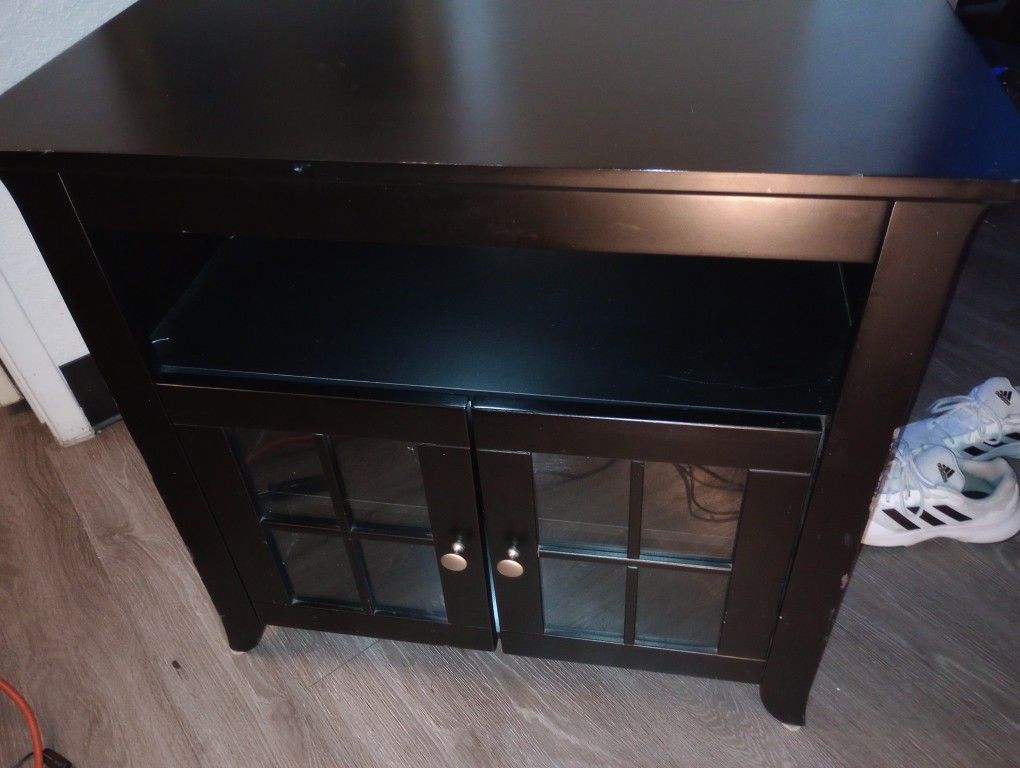 44 in. Solid Black Wood and Glass Traditional Window Pane 2-Door Tall Corner TV Stand Fits TVs up to 50 in